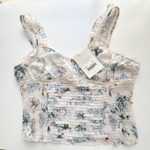 Bohme Pleated Smocked Bustier Tank Cream Blue Floral top Large - Picture 1 of 9